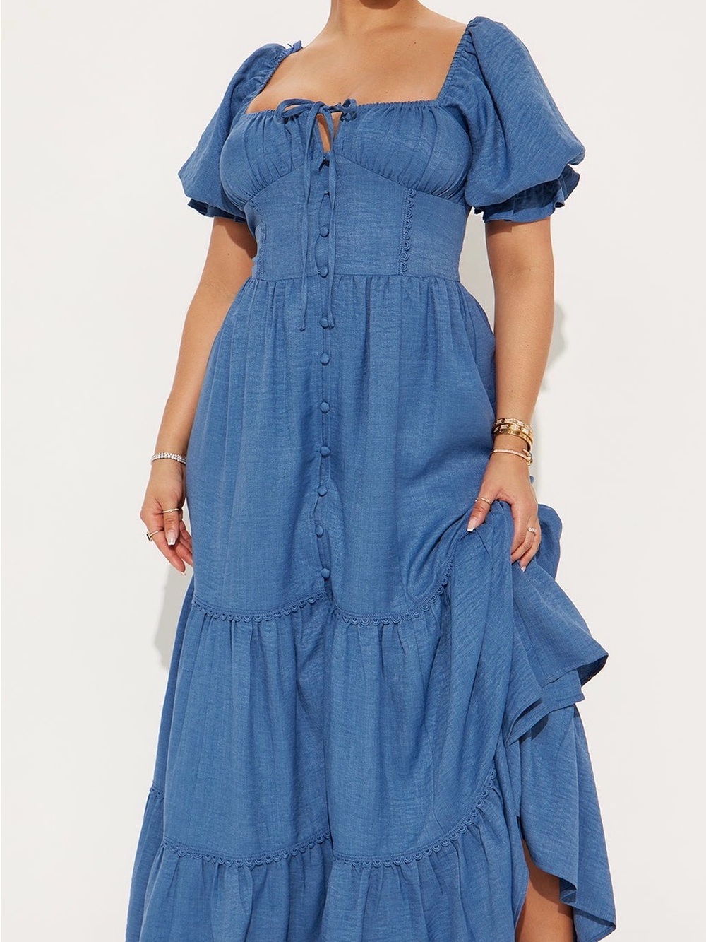Fashion Nova Blue Puff-Sleeve Tiered Maxi Dress